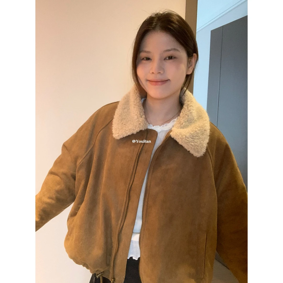 周悠然【麂皮绒毛领外套】秋冬毛领麂皮绒夹棉保暖短外套