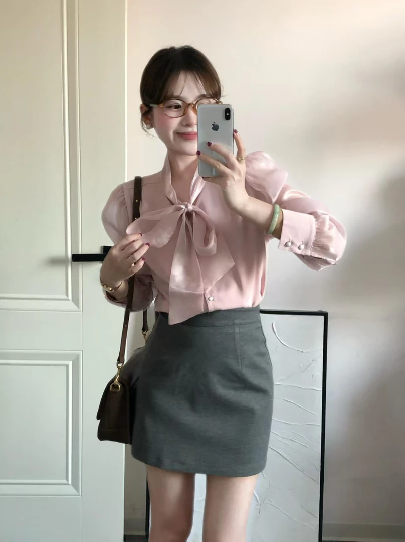 【可爱喵】时尚超可爱气质职场穿搭蝴蝶结衬衫灰色西装半裙两件套装