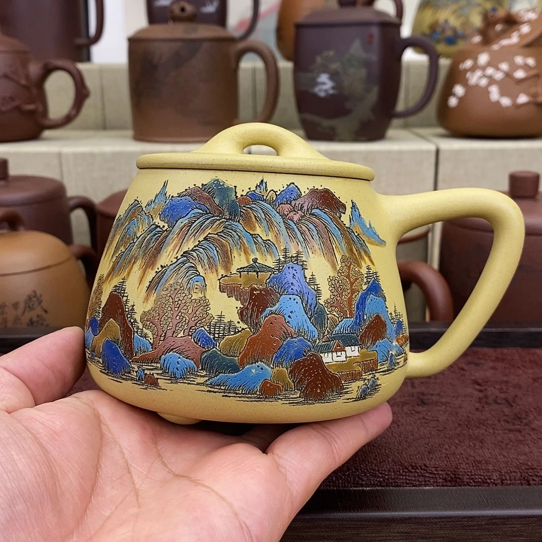 紫砂茶杯千里江山本绿石瓢