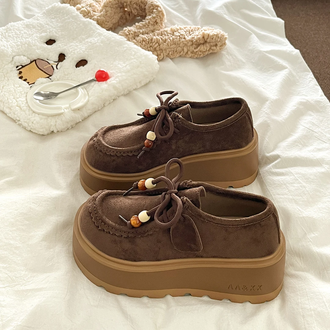 松糕厚底串珠全包勃肯鞋女2025秋季新款复古袋鼠鞋百搭乐福小皮鞋