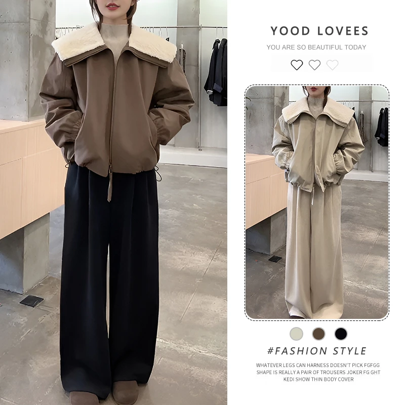 时尚慵懒棉服套装女2025冬季新款韩版气质加棉上衣阔腿裤两件套