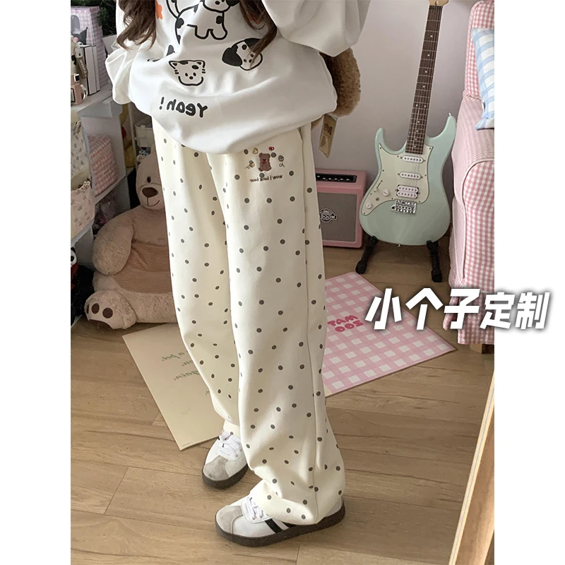 150小矮个子刺绣小熊波点休闲裤女秋冬加绒糯米高腰宽松阔腿卫裤