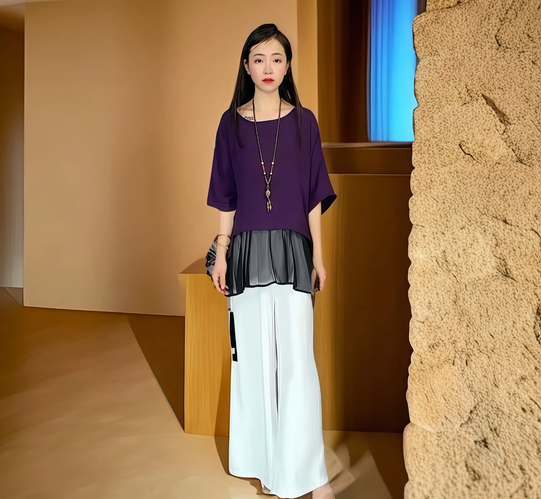 气质时尚宽松休闲不规则夏季设计师轻奢优雅上衣5520（紫色）