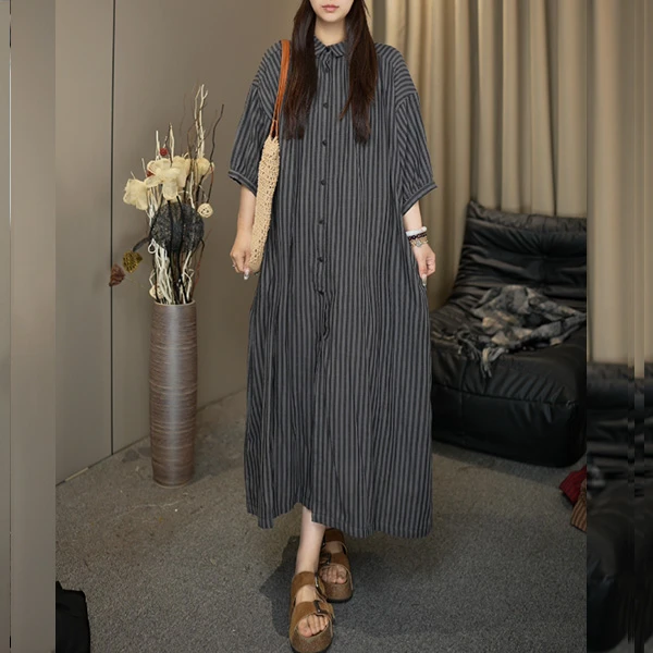 肉肉家 2025夏季新款时尚休闲条纹长款连衣裙8921（欢）