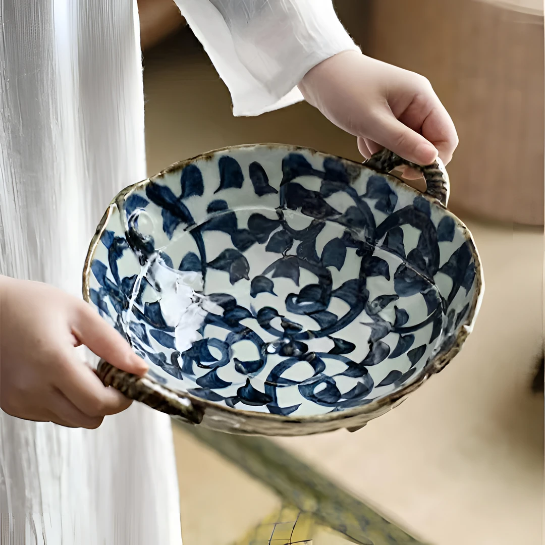 日本进口手绘唐草双耳大钵复古风米饭碗陶瓷瓷器手釉下彩双耳汤碗