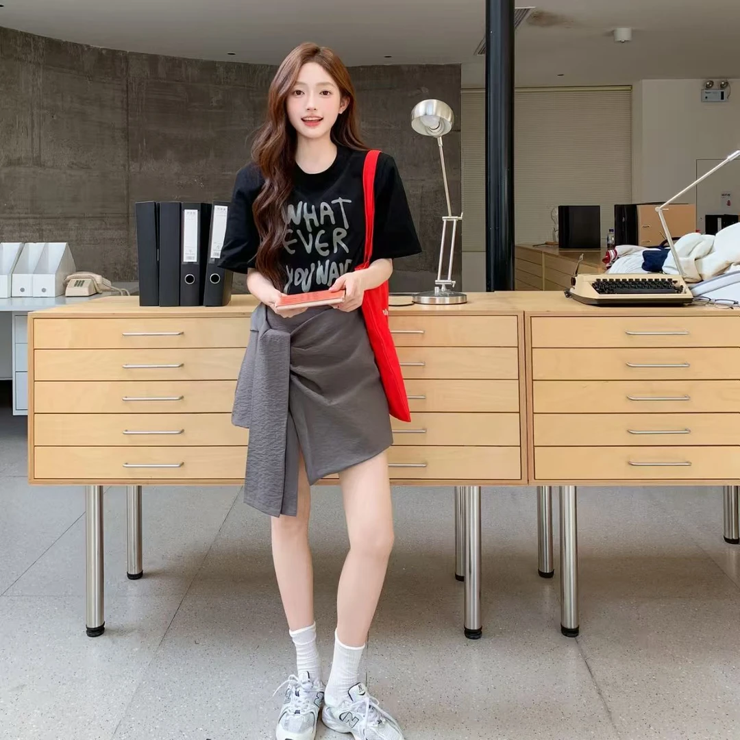 2025夏季圆领做旧字母印花垫肩短袖T恤拼片系带半裙套装HJ-1979