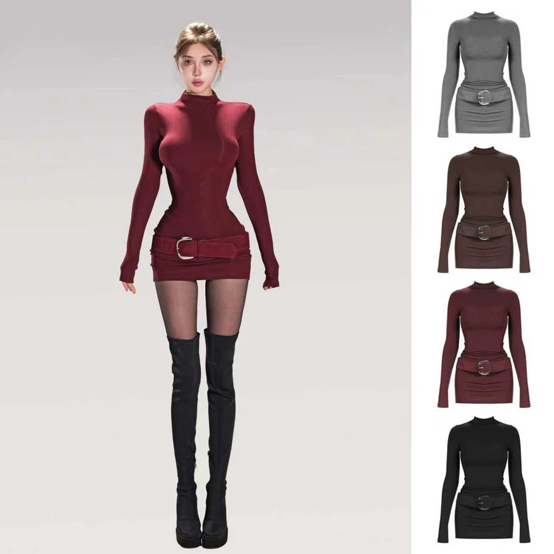 红色辣妹风高领长袖连衣裙网红洋气炸街女装秋2025大衣收腰包臀裙