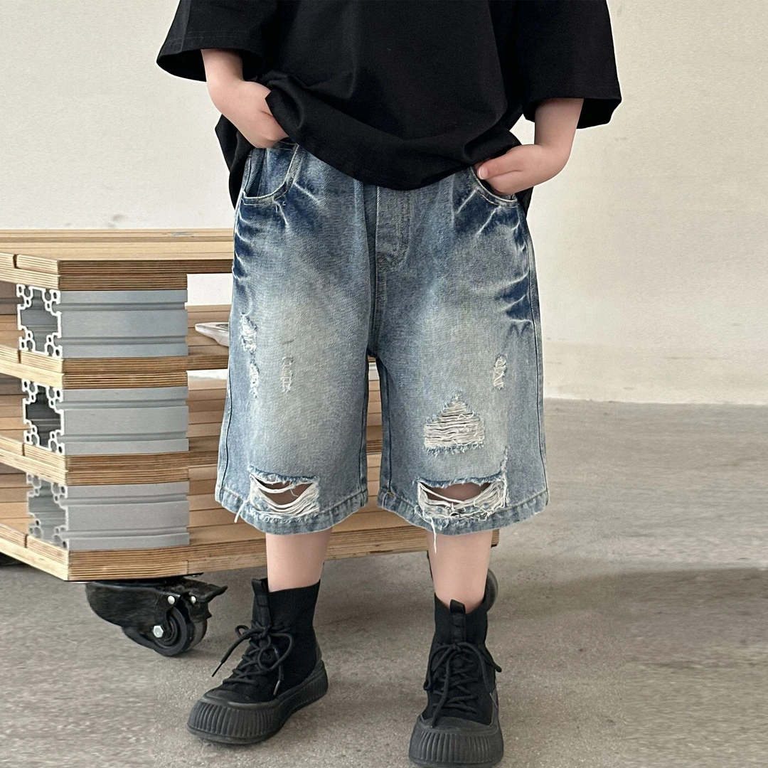 童装男童牛仔短裤夏季新款2025中小童五分裤男孩韩版破洞潮牌裤子
