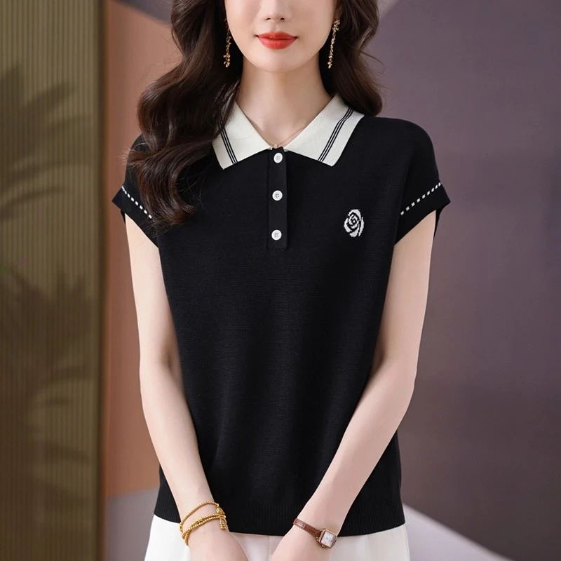 俞兆林时尚休闲妈妈服针织女式短袖夏装新款百搭中年小衬衫西式上