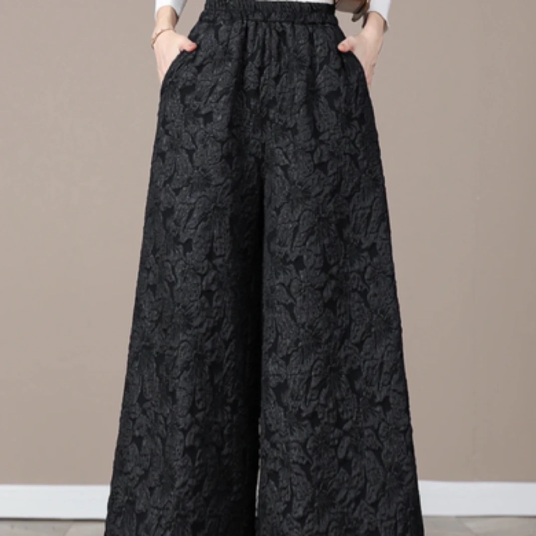 201-1阔腿直筒裤休闲百搭黑色显瘦减龄重工提花耐穿耐洗
