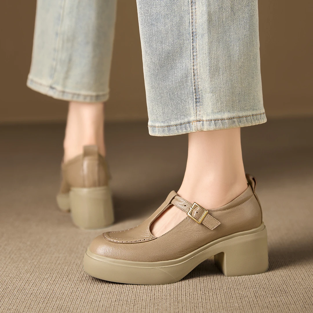 跟高6.5厘米/粗跟厚底小皮鞋休闲真皮单鞋复古丁字扣带玛丽珍女鞋