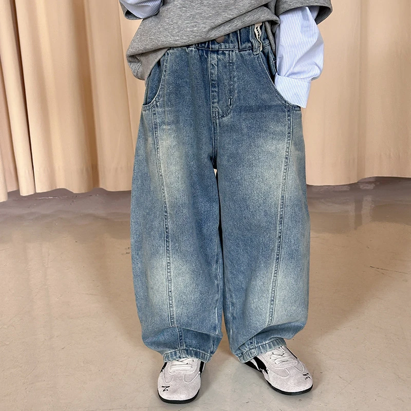 【依妈家】新品男童秋季复古做旧贴标儿童长裤拼接弯刀牛仔裤25F150