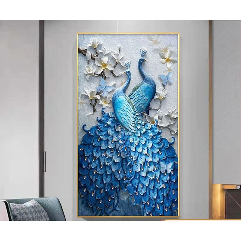 入户客厅玄关装饰画现代简约竖版背景墙壁画走廊过道挂画孔雀晶瓷