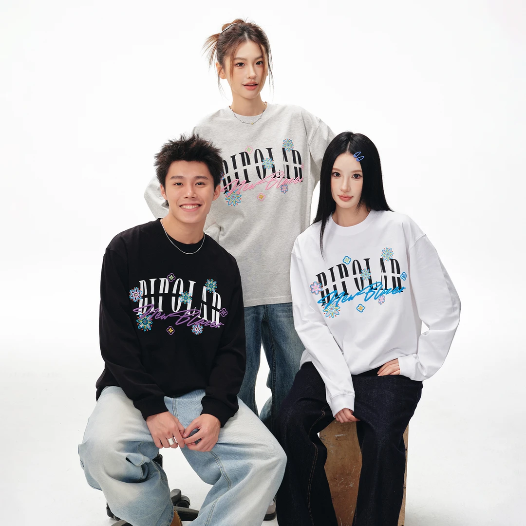 BIPOLAR图腾花卉绣花休闲百搭情侣装宽松长袖T恤 11M106