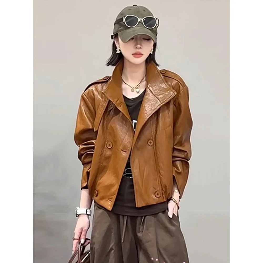 网红同款酷飒高级感双排扣立领夹克PU外套女秋季短款美式复古皮衣