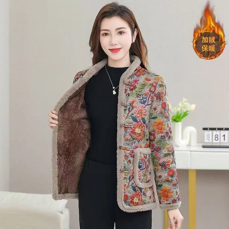 【优雅减龄】冬季新款妈妈加绒加厚棉衣中老年保暖碎花中式盘扣棉服