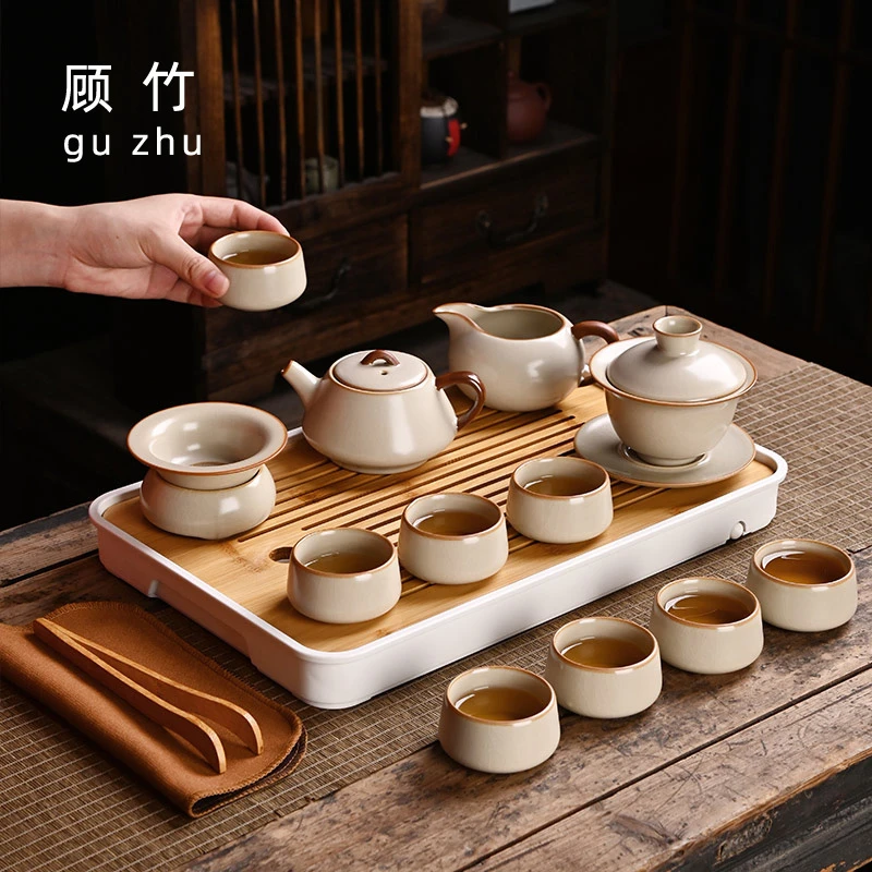 汝窑功夫茶具套装2025新款家用中式办公室会客盖碗泡茶壶茶杯套装