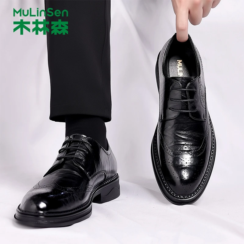 木林森德比鞋秋冬2025新款商务正装尖头休闲皮鞋男结婚布洛克男鞋