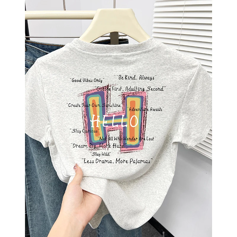 正肩显瘦圆领短袖T恤女夏季韩版设计感小众字母前后印花小衫上衣