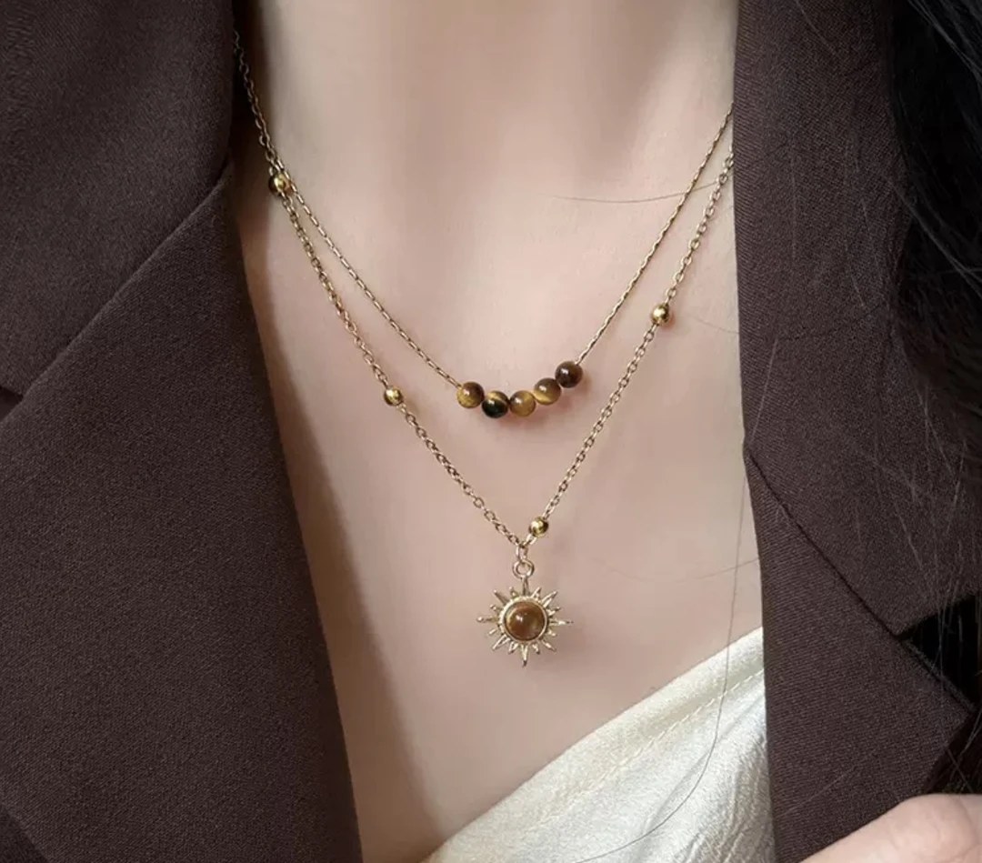 合金项链 太阳花女虎眼石植物花卉日韩女王欧美锁骨链珠宝