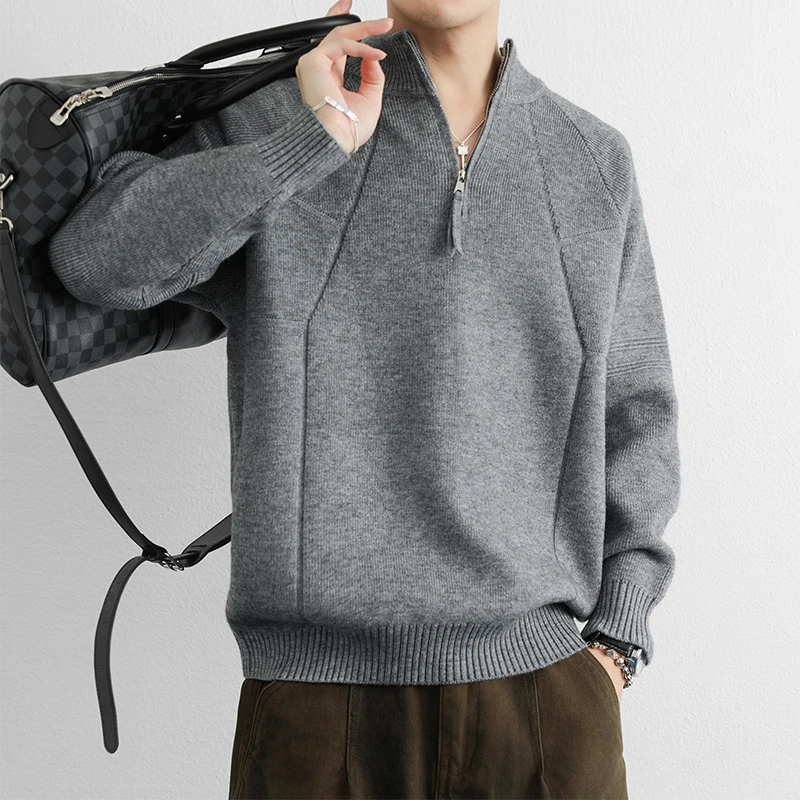 2025秋冬男士立领半拉链针织衫时尚狂欢季拼接百搭打底衫保暖毛衣