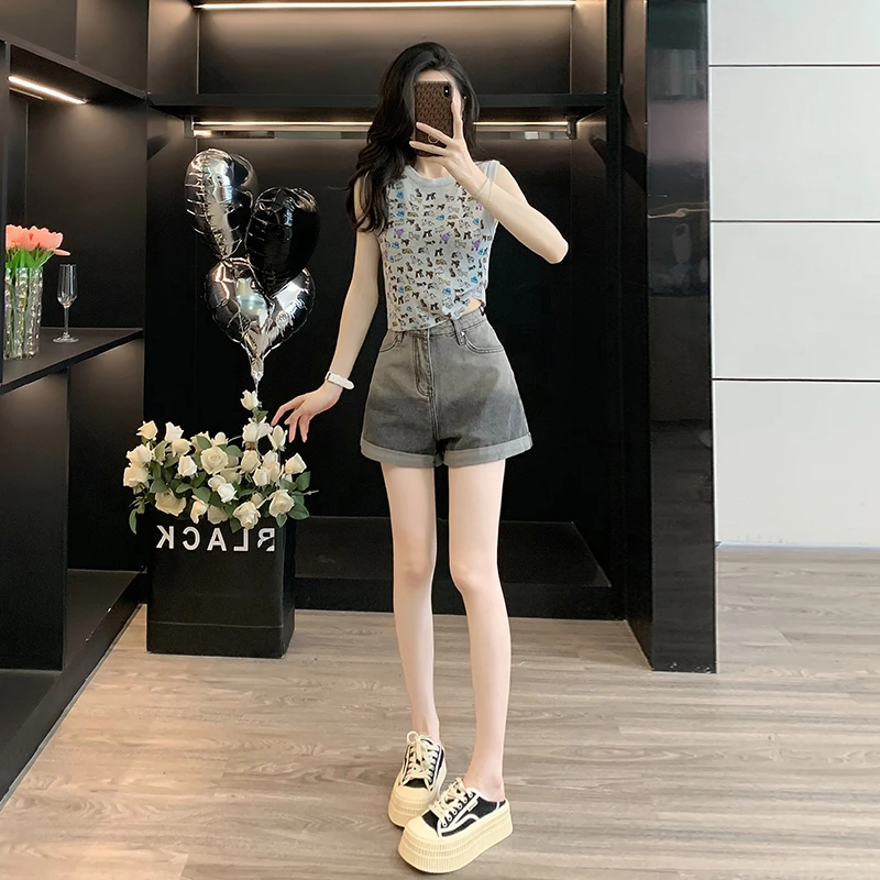 圆领针织背心外穿无袖上衣女夏季薄款高腰牛仔短裤a字阔腿两件套