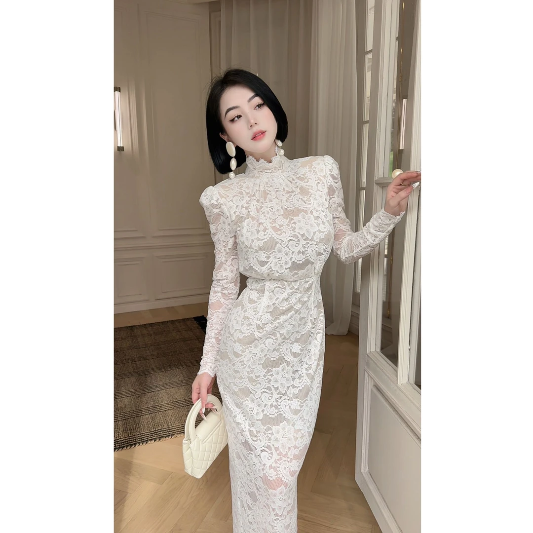 LYXJ【百利甜心】高定蕾丝白色连衣裙设计师优雅长款显气质11963