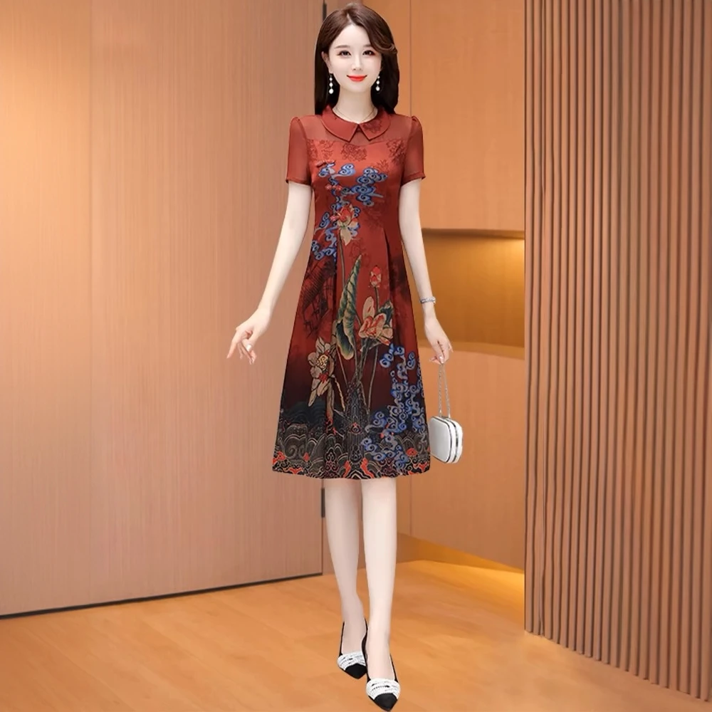 醋酸改良旗袍年轻款气质高端连衣裙女夏季2023新款高贵阔太太裙子