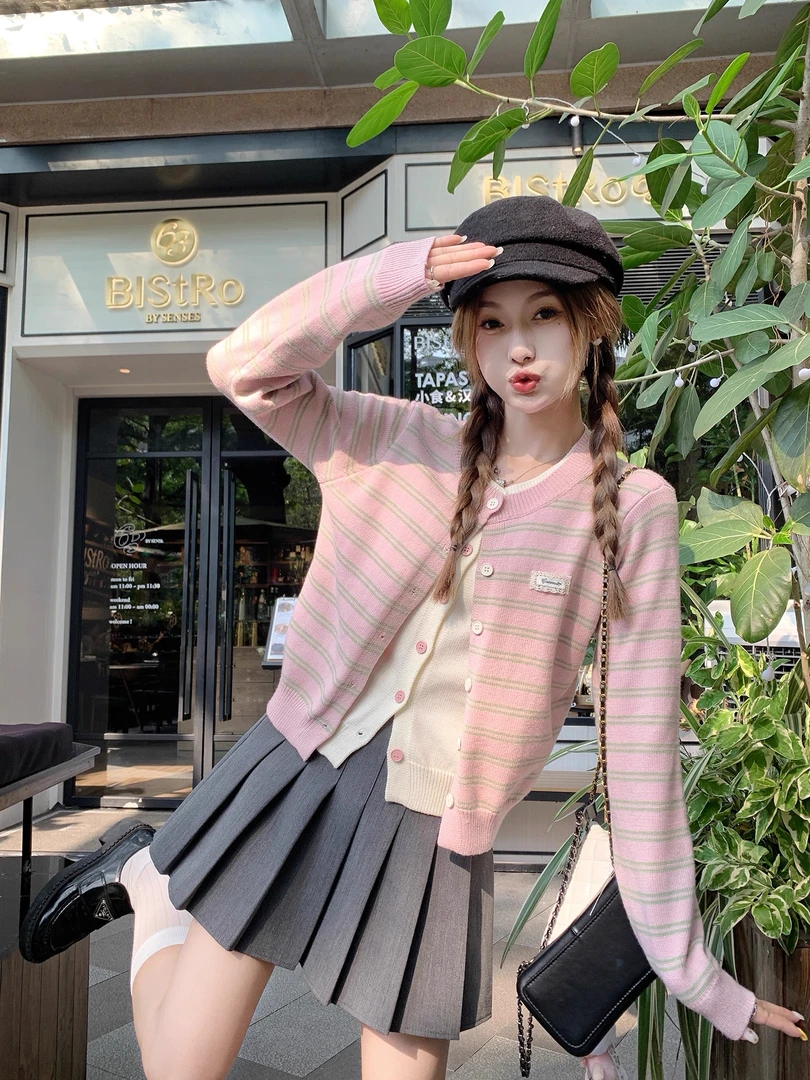 韩系甜妹粉色条纹假两件针织开衫女外搭毛衣外套早秋穿搭上衣