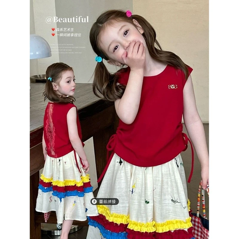 童装女童夏季套装女孩蕾丝拼接镂空背心时髦度假风半身裙两件套潮