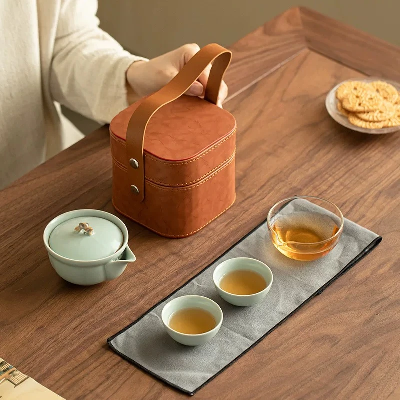 北溪堂天青汝窑手抓壶两杯旅行茶具