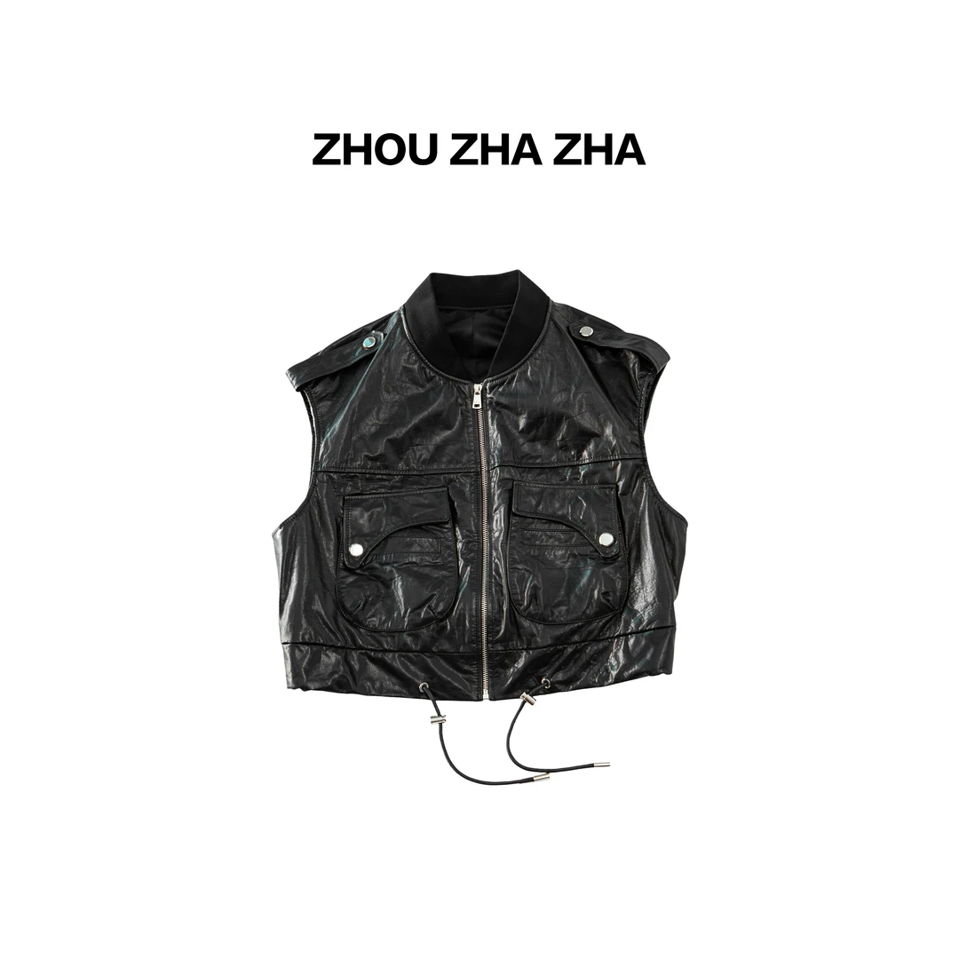【周炸炸】油蜡全牛皮 复古高级设计师款机车风无袖皮衣马甲#531801