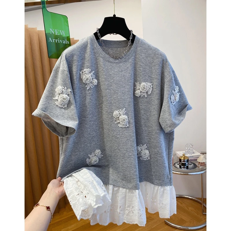 时尚百搭高端欧货钉珠t恤女短袖宽松别致独特蕾丝拼接假两件上衣