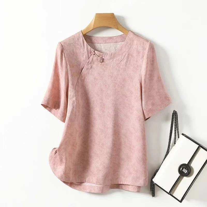 真丝清凉夏季新款复古中式国风改良文艺印花妈妈装桑蚕丝t恤上衣