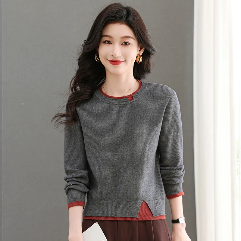 小个子春秋新款高端短款毛衣宽松洋气妈妈打底衫女针织衫圆领上衣