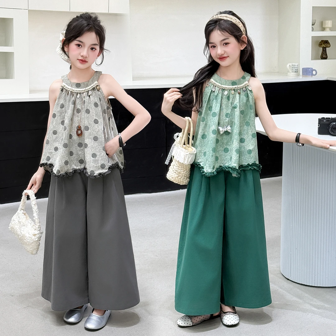 女童夏季套装2025新款中大童波点挂脖棉布阔腿裤两件套儿童薄款