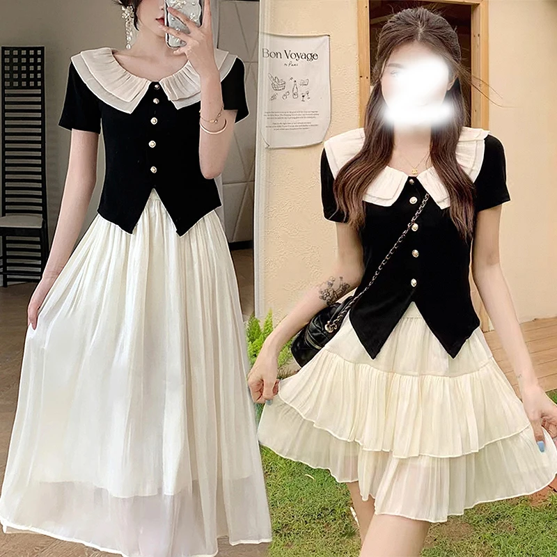 微胖mm大码裙子小香风夏季显瘦减龄显瘦小个子长裙两件套装9316