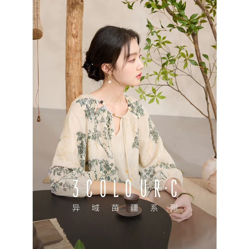三彩【芳露凝香】2025春季新款新中式刺绣印花宽松衬衣民族风C