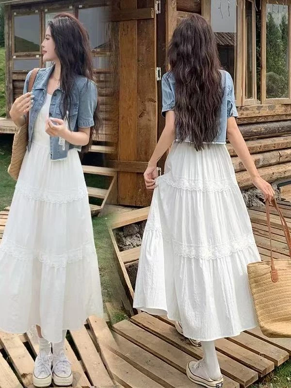 【黎诗梵】89079款时尚2短袖百搭连衣裙两件套收腰夏季吊带牛仔外套