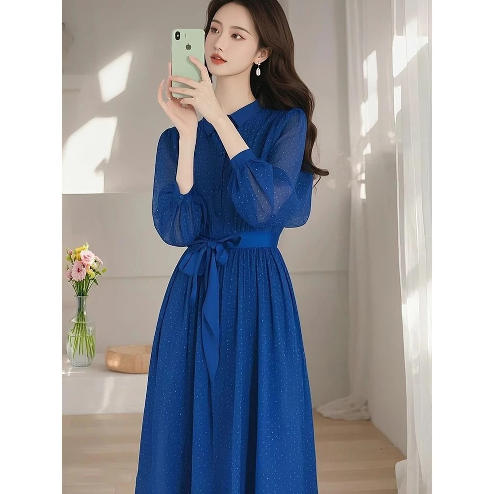 2025新款海边气质新款女装克莱因蓝多巴胺拼接连衣裙长袖喇叭袖:N