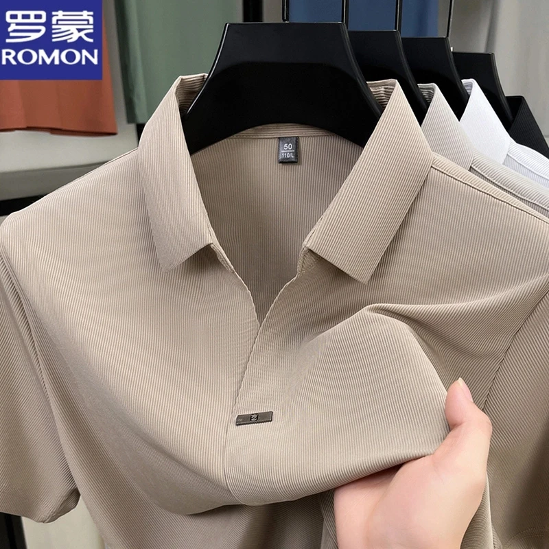 罗蒙夏季新款无痕翻领POLO短袖T恤冰丝纯色百搭商务休闲半袖上衣