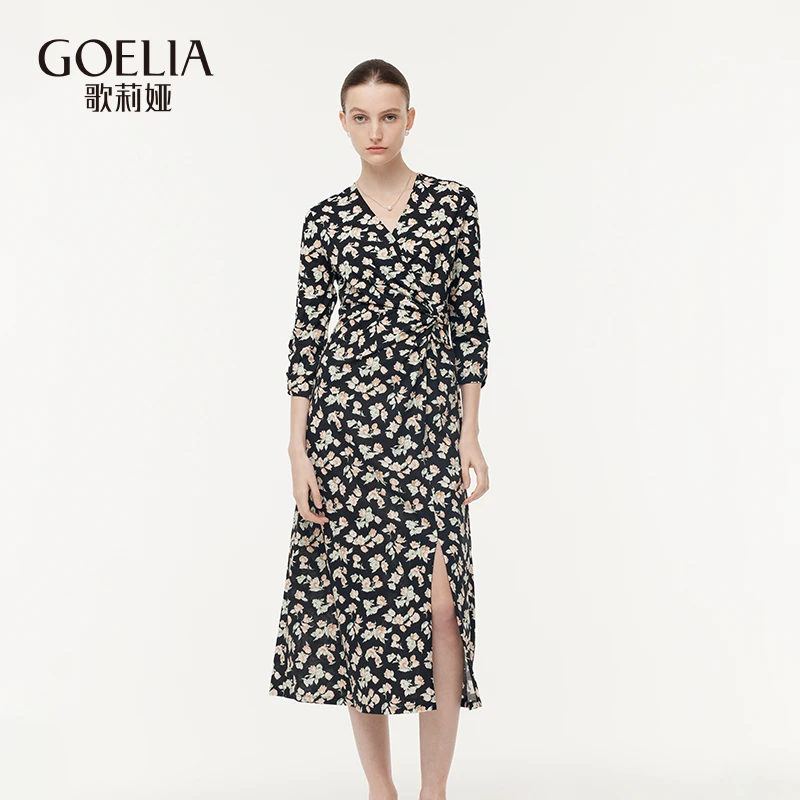 【专柜现货】歌莉娅 夏季轻薄 淡粉石榴花扭结连衣裙1E2C4H020