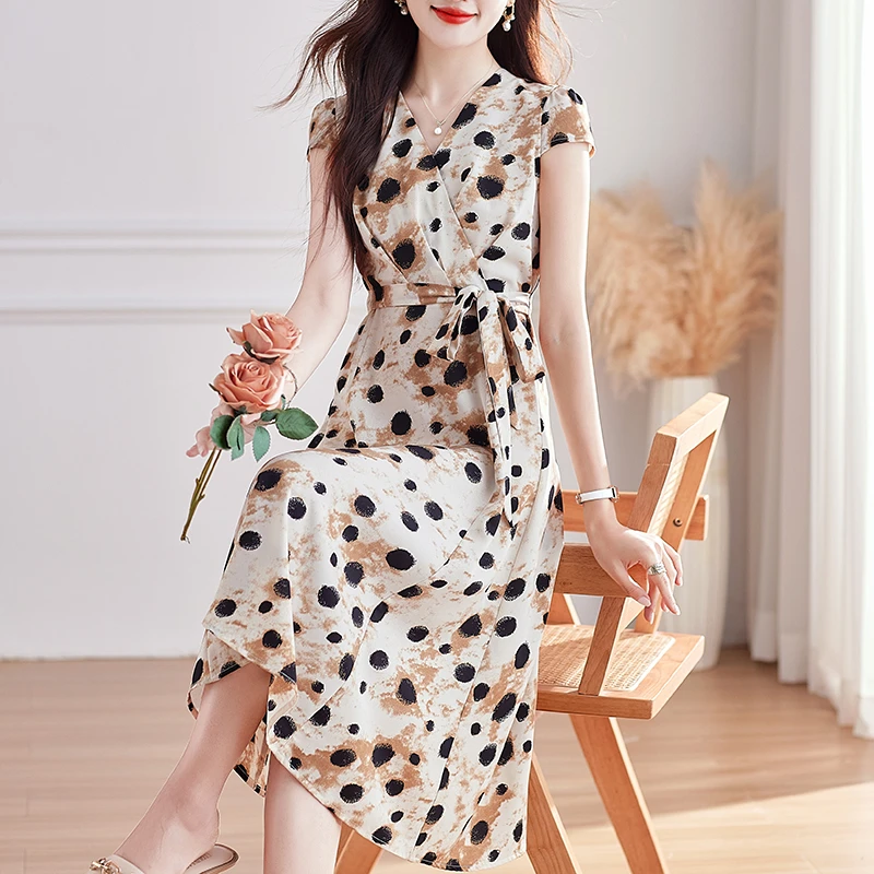 夏季印花连衣裙大码女装中长款系带收腰显瘦短袖雪纺碎花裙减龄