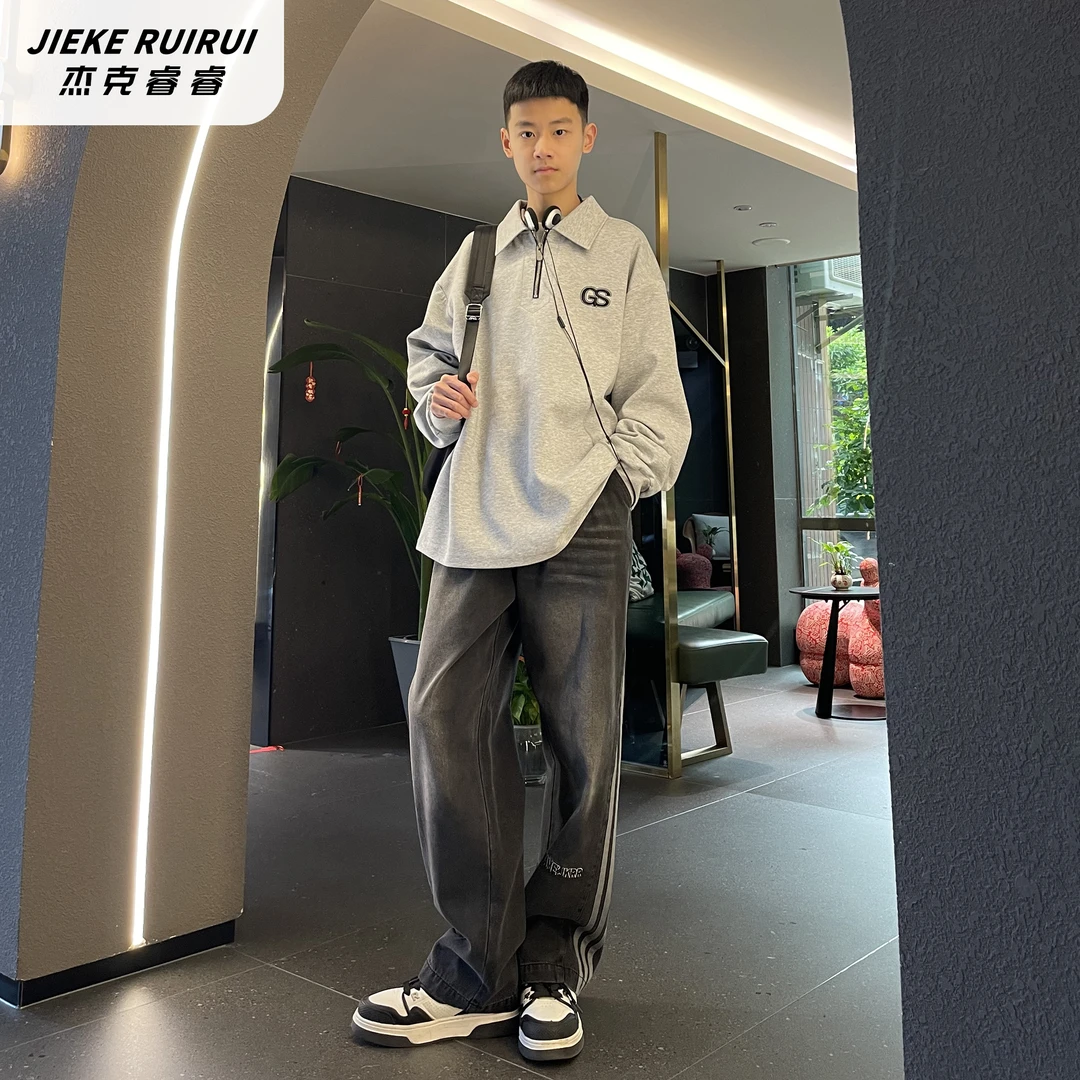 【现货-酷】春季学院刺绣字母翻领半拉链卫衣长袖大童男童杰克睿睿