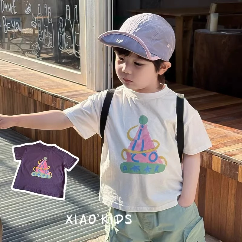 得遥/DEYAO童装夏季手绘印花短袖T恤男童圆领儿童上衣半袖纯棉