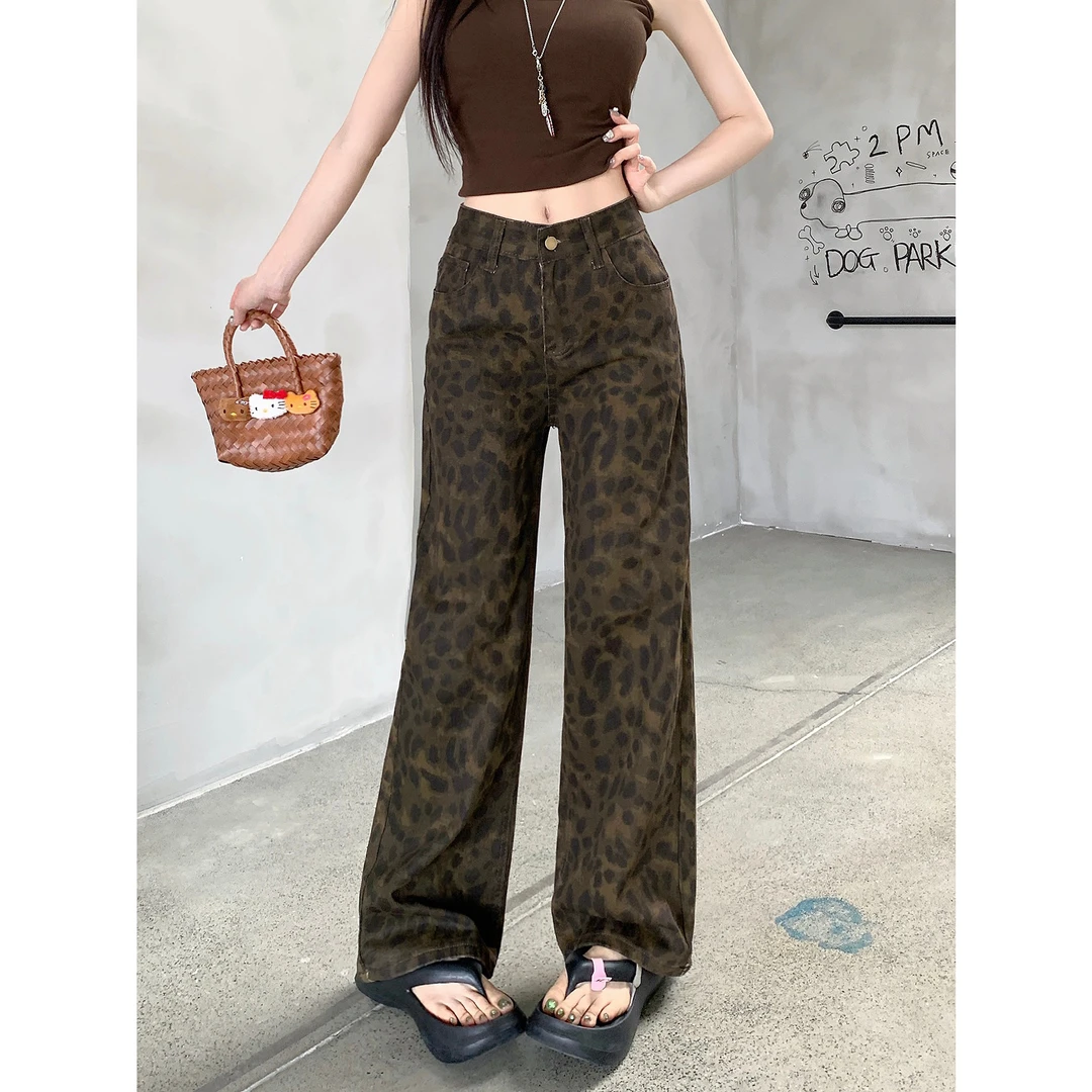 实拍  小个子美式豹纹阔腿牛仔裤女夏季新款高腰直筒显瘦拖地长裤