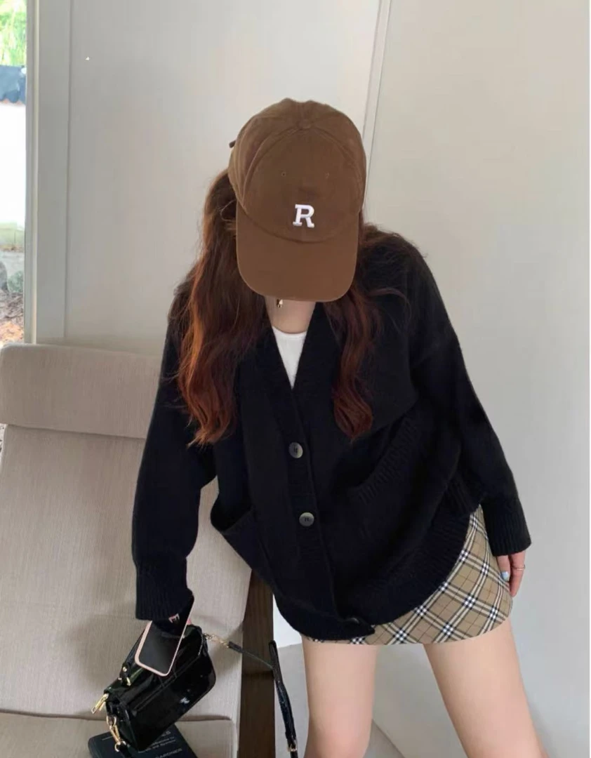 379秋季新款韩系简约通勤时尚纯色小众百搭休闲针织长袖毛衣开衫