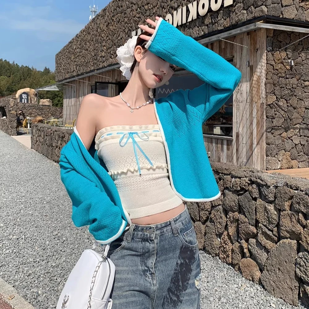 奈莉甜酒 设计感拼色针织开衫上衣女修身系带抹胸吊带背心套装春