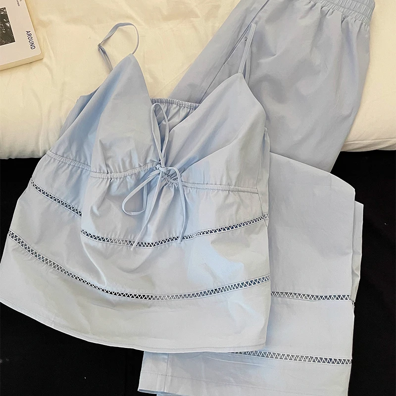 法式纯欲风吊带长裤睡衣女夏季甜美简约蓝色家居服可外穿性感套装