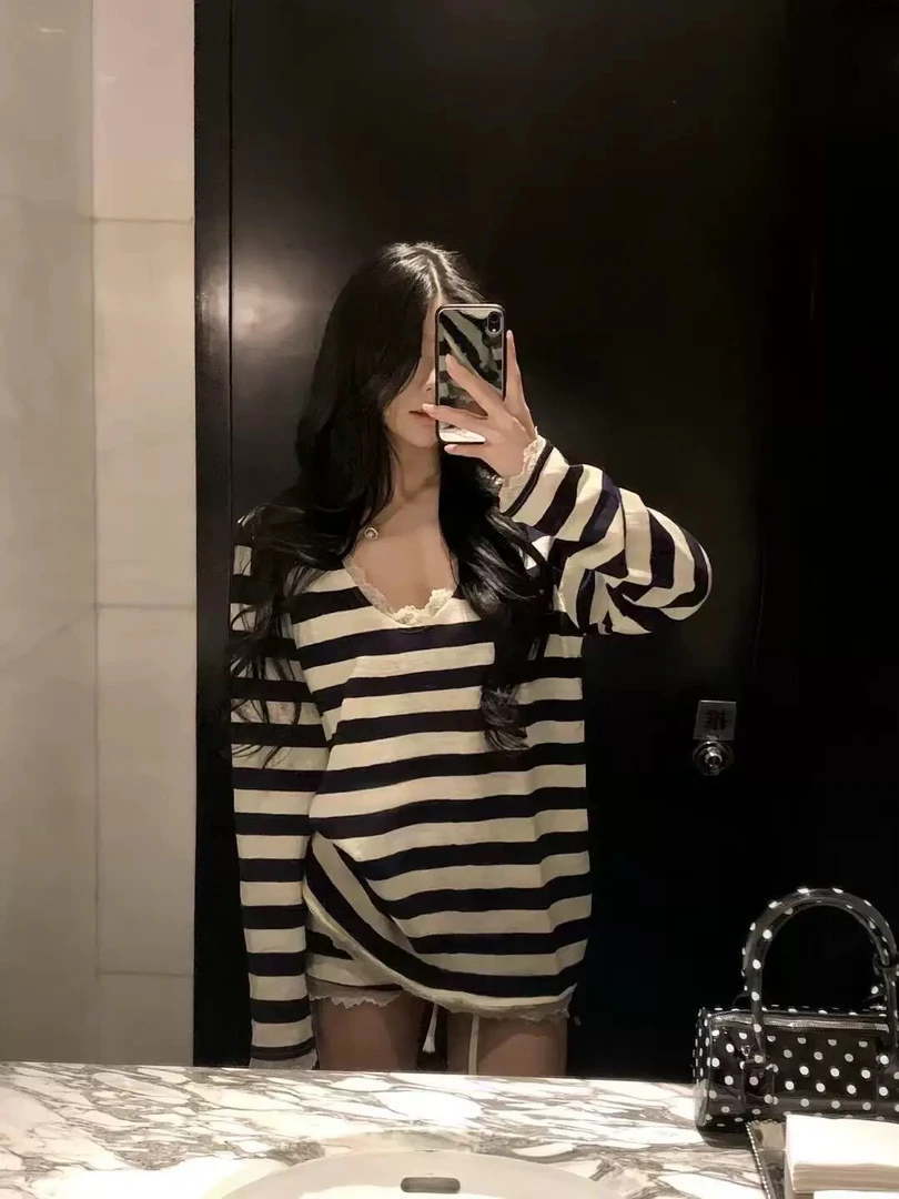 16-043/条纹蕾丝花边长袖短裤